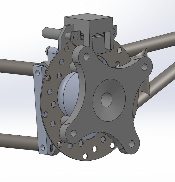 CAD model of the rear knuckle mounted in the trailing-link rear suspension