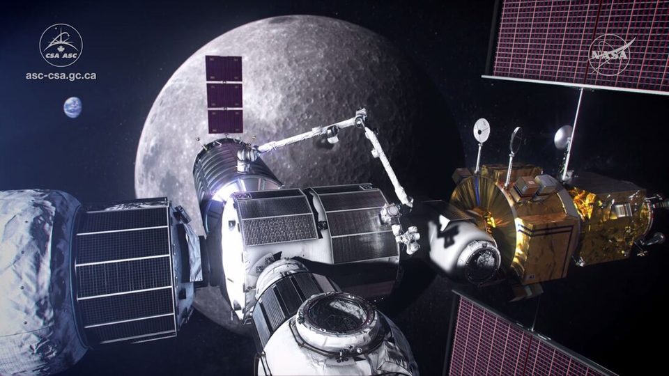 Publicly released render of Canadarm3 on the Lunar Gateway station, credit CSA/NASA/MDA