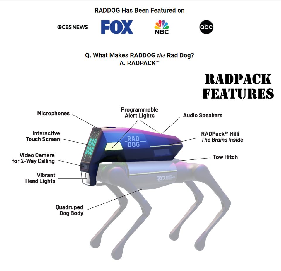 Annotated diagram of RADDOG features including cameras, touchscreen, microphones, speakers, and tow hitch
