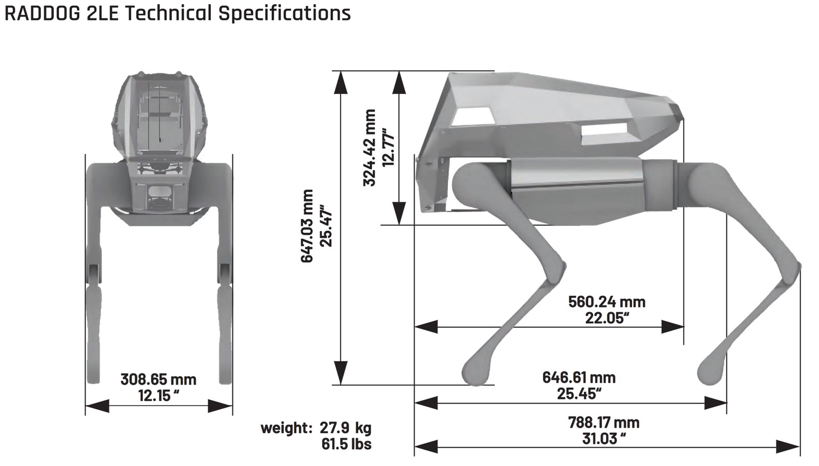 RADDOG 2LE technical dimension drawing with overall length, height, and mass